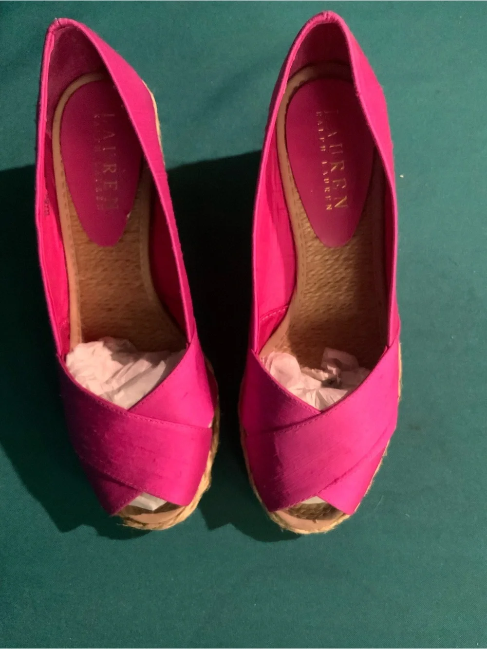Lauren Ralph Lauren ‘Cecilia’ Fuchsia Wedge Espadrilles w/Silk Crisscross Upper